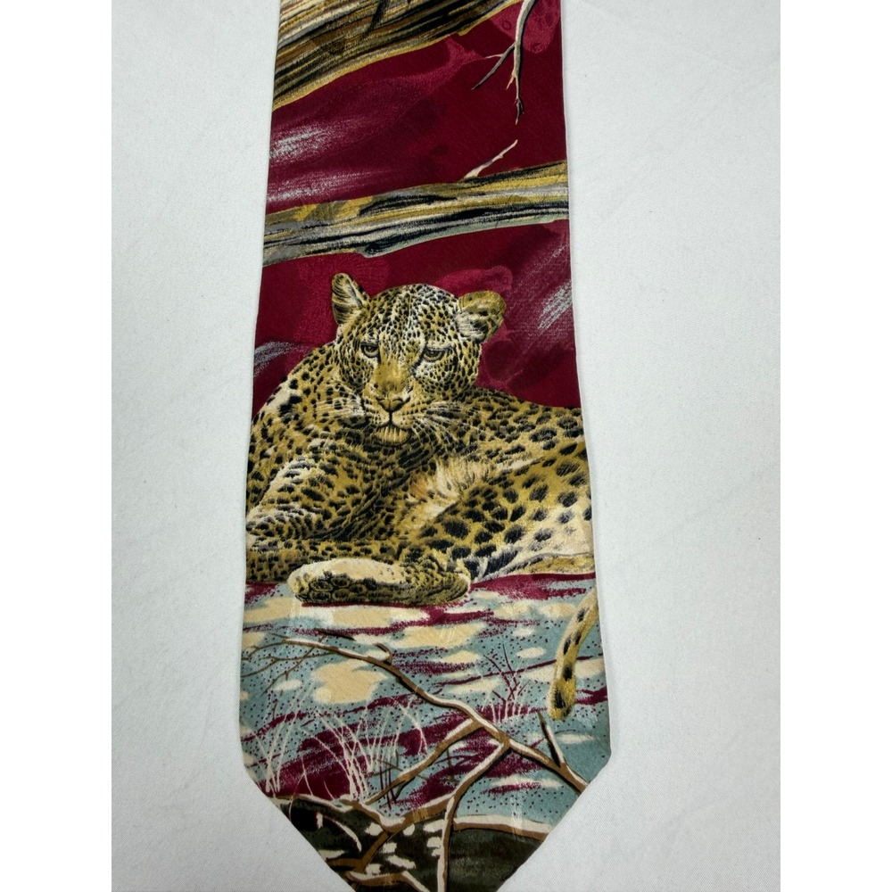 Endangered Species Mens Silk Tie Leopard Print Burgundy Red Made in USA 90's